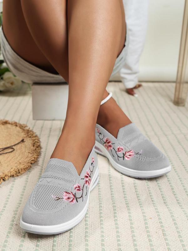 Women's Minimalist Causal Embroidering Floral Pattern Design Soft Slip On Shoes, Fashionable Lightweight Round Toe Slip On Shoes For Daily Wear