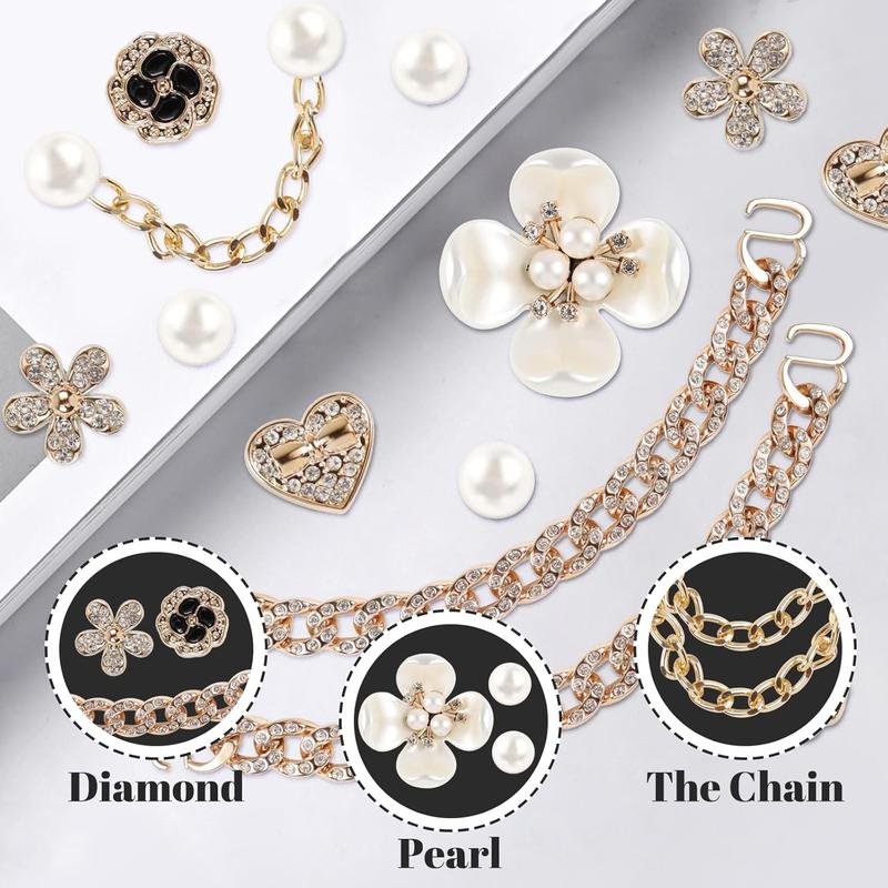 18 Pcs Bling Shoe Charms, Flower Pearl Clog Shoes Accessories,Pearl Chain DIY Sandals Decoration for Women, Party Favors Footwear Comfort Bedroom Knee