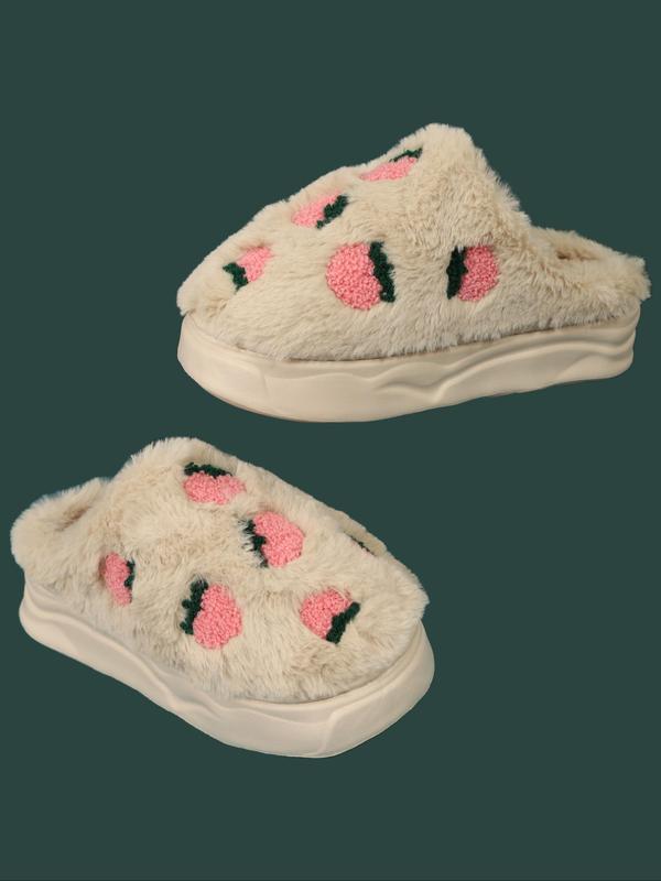 Women's Cute Cartoon Strawberry Pattern Plush Slippers, Casual Soft Comfortable Home Slippers, Non-slip Thick Sole House Slippers, Warm Slippers for Indoor & Outdoor Use for Fall & Winter