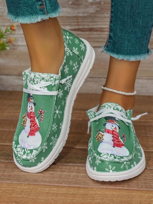 Women's Christmas Snowman Print Lace Up Low Top Sneakers, Casual Comfortable Sports Shoes, Female All-match Round Toe Shoes for Daily Wear