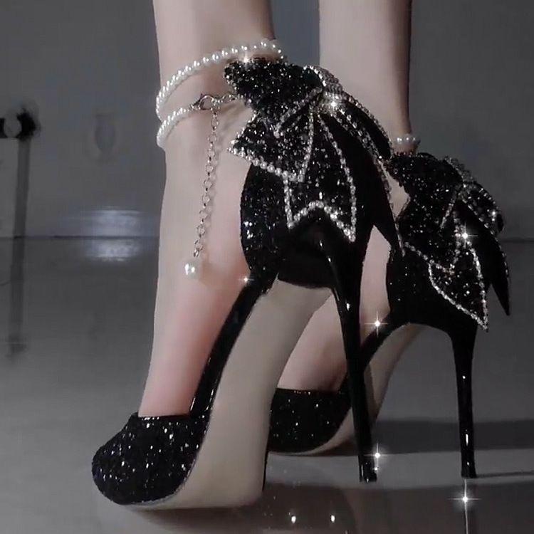 Black High Heels Women's 18-Year-Old Wedding Shoes Crystal Shoes New Two-Way Evening Dress Stiletto Heel Pumps