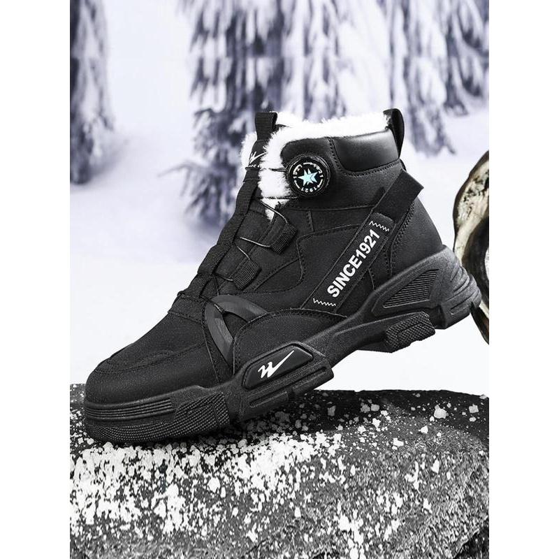 Men's Letter Patched Design Winter Boots, Casual Outdoor Sports Boots, Warm Comfortable Snow Boots for Men, Fashionable Shoes for Daily Wear Footwear Walking Shoes