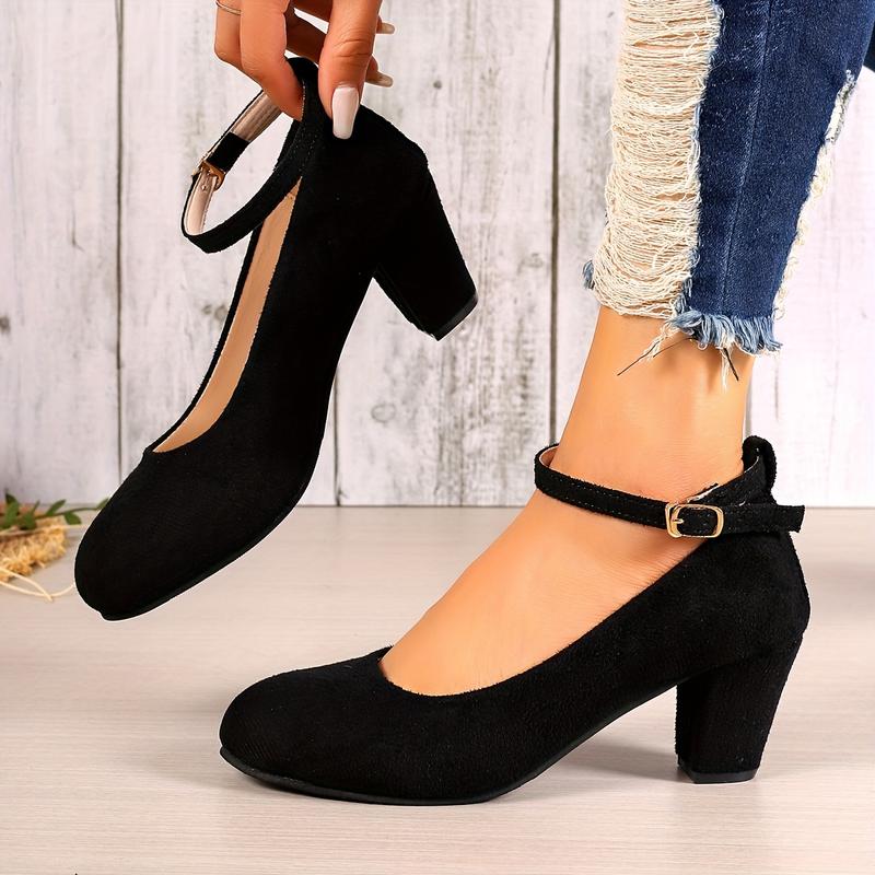 Women's Fashion Block Heel Pump Shoes-All Season High Heels with Fabric Upper, Pu Sole and Adjustable Ankle Belt-Elegant Simple Design in North American and European Markets