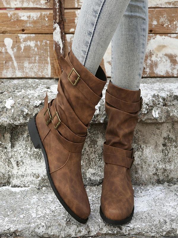 Women's Fashion Solid Color Round Toe Boots, Casual Solid Color PU Leather Boots, All Match Boots For Daily Wear