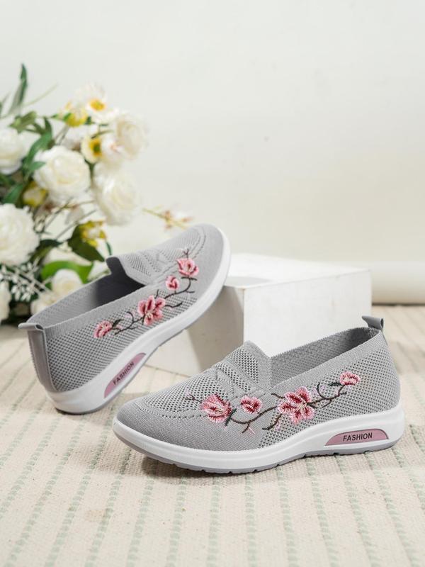 Women's Minimalist Causal Embroidering Floral Pattern Design Soft Slip On Shoes, Fashionable Lightweight Round Toe Slip On Shoes For Daily Wear