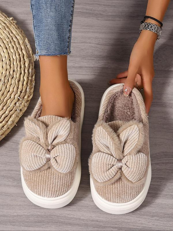 Women's Cute Bowknot & Rabbit Ear Design Plush Slippers, Casual Soft Comfortable Home Slippers, Warm Slippers for Indoor & Outdoor Use for All Seasons