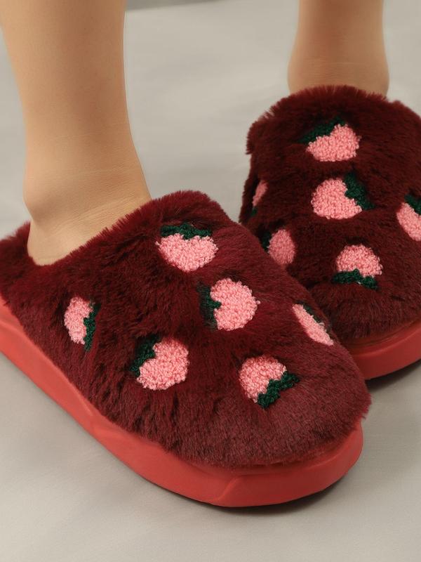 Women's Cute Cartoon Strawberry Pattern Plush Slippers, Casual Soft Comfortable Home Slippers, Non-slip Thick Sole House Slippers, Warm Slippers for Indoor & Outdoor Use for Fall & Winter