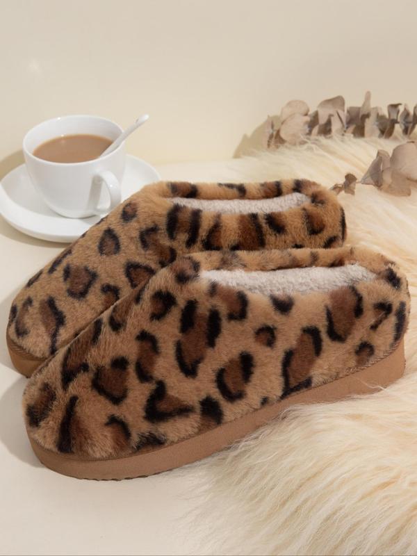 Women's Leopard Print Fluffy Plush Slippers, Soft Comfy Home Slippers, Warm Slippers for Indoor & Outdoor Use for Fall & Winter