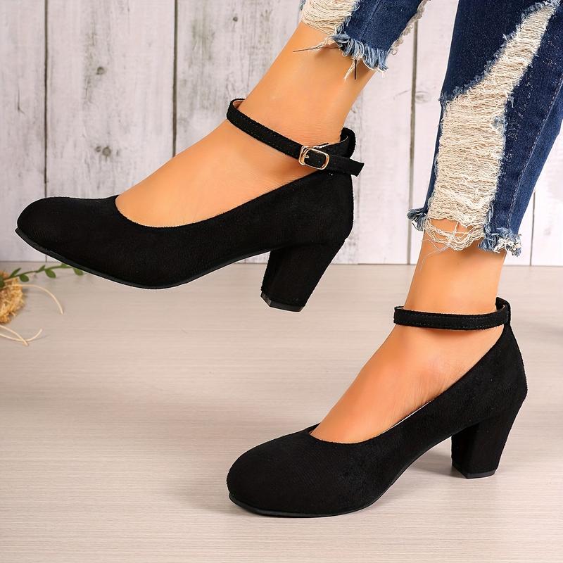 Women's Fashion Block Heel Pump Shoes-All Season High Heels with Fabric Upper, Pu Sole and Adjustable Ankle Belt-Elegant Simple Design in North American and European Markets