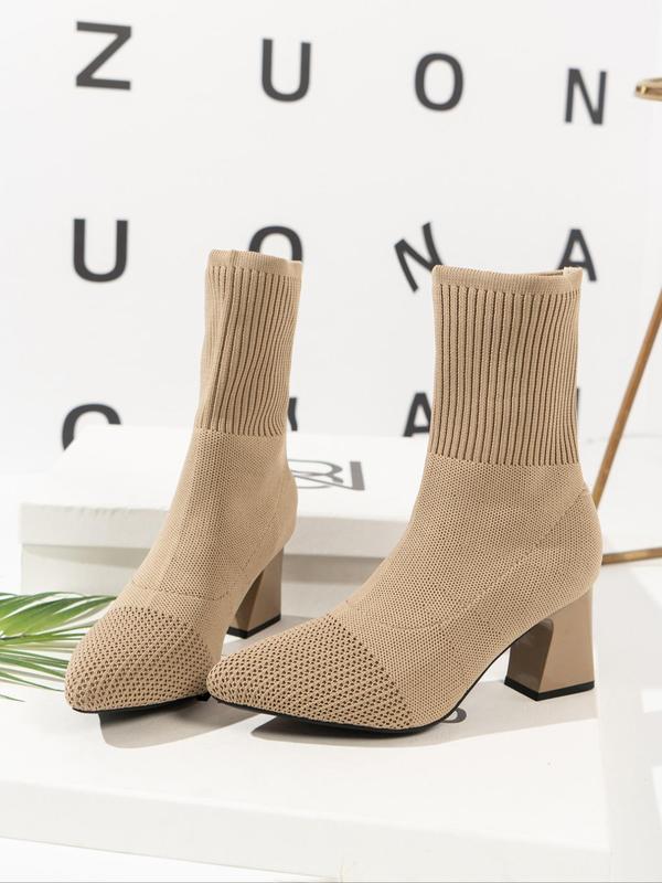 Women's Solid Color Pointed Toe Mid-calf Boots, Fashionable Knit Stretchy Slip on Boots for Fall & Winter, Female All-match Trendy Shoes for Daily Wear