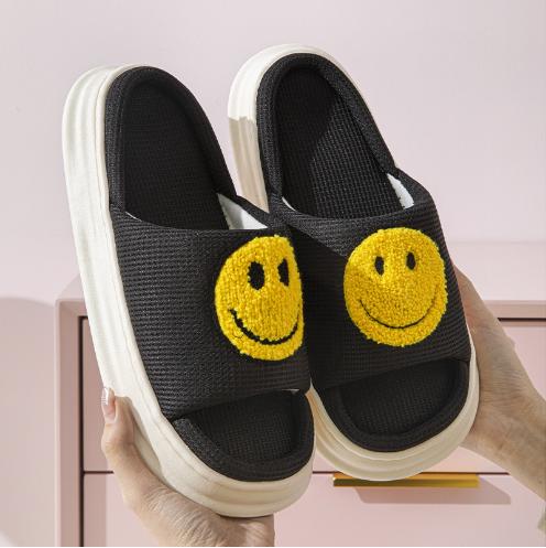 Cozy Smile Fuzzy Slippers - Soft Fabric Upper, Non-Slip TPR Sole, Slip-On Design, Warm and Plush for Winter, Casual Smile Pattern, FabricInsole, Positioning Printing, All-Season Wear