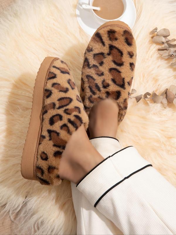 Women's Leopard Print Fluffy Plush Slippers, Soft Comfy Home Slippers, Warm Slippers for Indoor & Outdoor Use for Fall & Winter