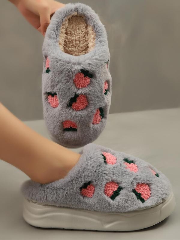 Women's Cute Cartoon Strawberry Pattern Plush Slippers, Casual Soft Comfortable Home Slippers, Non-slip Thick Sole House Slippers, Warm Slippers for Indoor & Outdoor Use for Fall & Winter