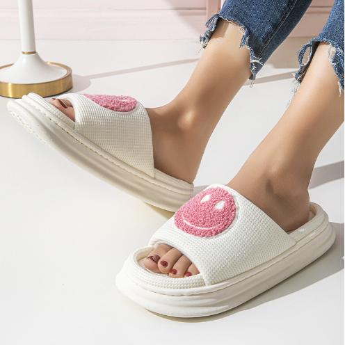 Cozy Smile Fuzzy Slippers - Soft Fabric Upper, Non-Slip TPR Sole, Slip-On Design, Warm and Plush for Winter, Casual Smile Pattern, FabricInsole, Positioning Printing, All-Season Wear