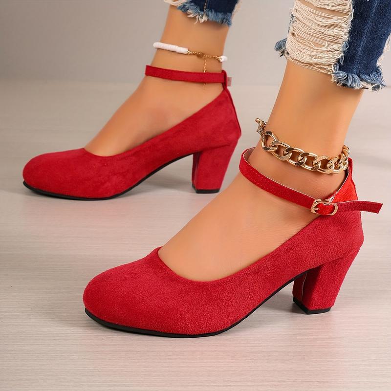 Women's Fashion Block Heel Pump Shoes-All Season High Heels with Fabric Upper, Pu Sole and Adjustable Ankle Belt-Elegant Simple Design in North American and European Markets