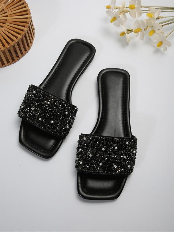 Women's New Trend Faux Pearl Decorated Slip on Flat Sandals, Casual Open Toe Sandals for Summer, Fashionable Shoes for Outdoor Wear