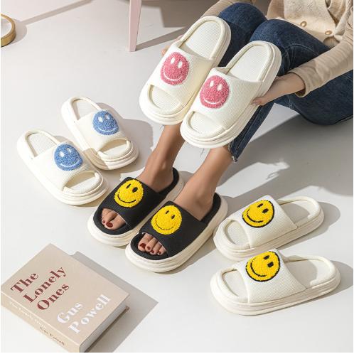 Cozy Smile Fuzzy Slippers - Soft Fabric Upper, Non-Slip TPR Sole, Slip-On Design, Warm and Plush for Winter, Casual Smile Pattern, FabricInsole, Positioning Printing, All-Season Wear