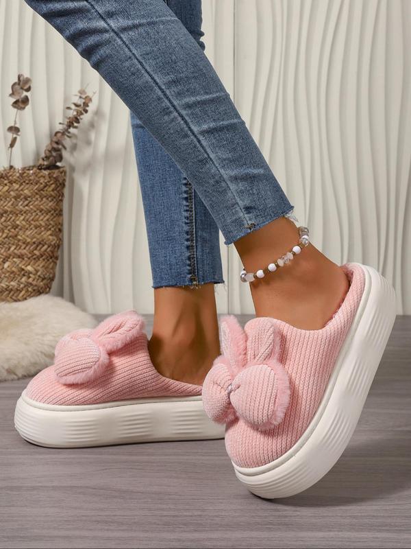 Women's Cute Bowknot & Rabbit Ear Design Plush Slippers, Casual Soft Comfortable Home Slippers, Warm Slippers for Indoor & Outdoor Use for All Seasons