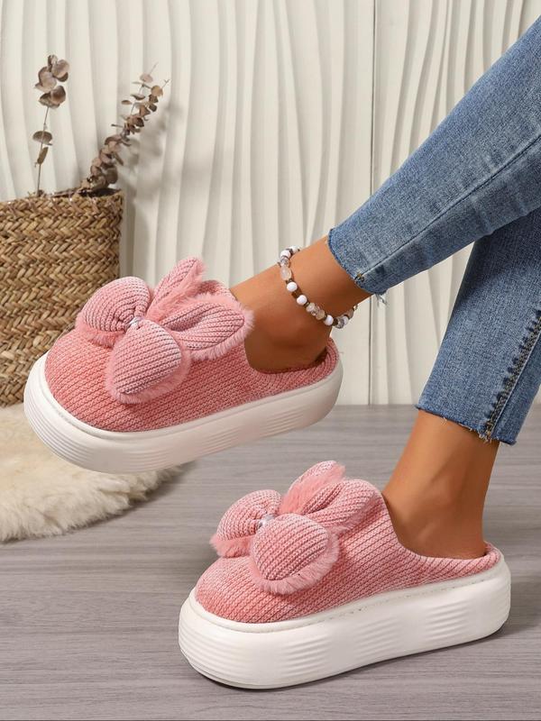 Women's Cute Bowknot & Rabbit Ear Design Plush Slippers, Casual Soft Comfortable Home Slippers, Warm Slippers for Indoor & Outdoor Use for All Seasons