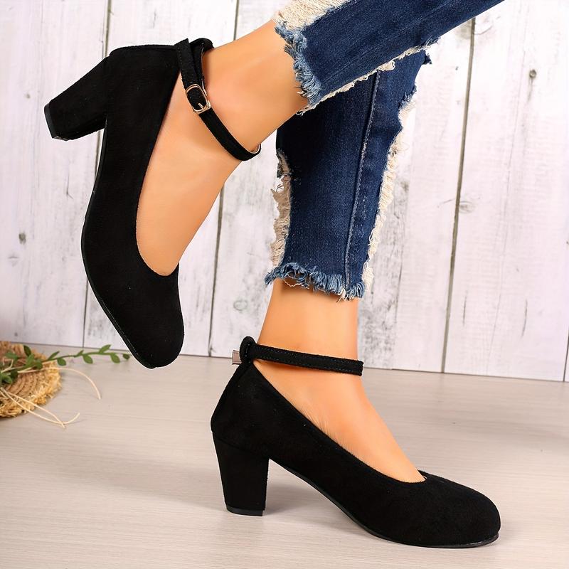 Women's Fashion Block Heel Pump Shoes-All Season High Heels with Fabric Upper, Pu Sole and Adjustable Ankle Belt-Elegant Simple Design in North American and European Markets