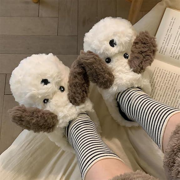 XIXITIAO Cute Fuzzy Dog Slippers for Women Men,Cartoon Animal Cotton Walking Shoes, Fall Winter Cozy Warm Slides Indoor Outdoor,Girl Fur Footwear