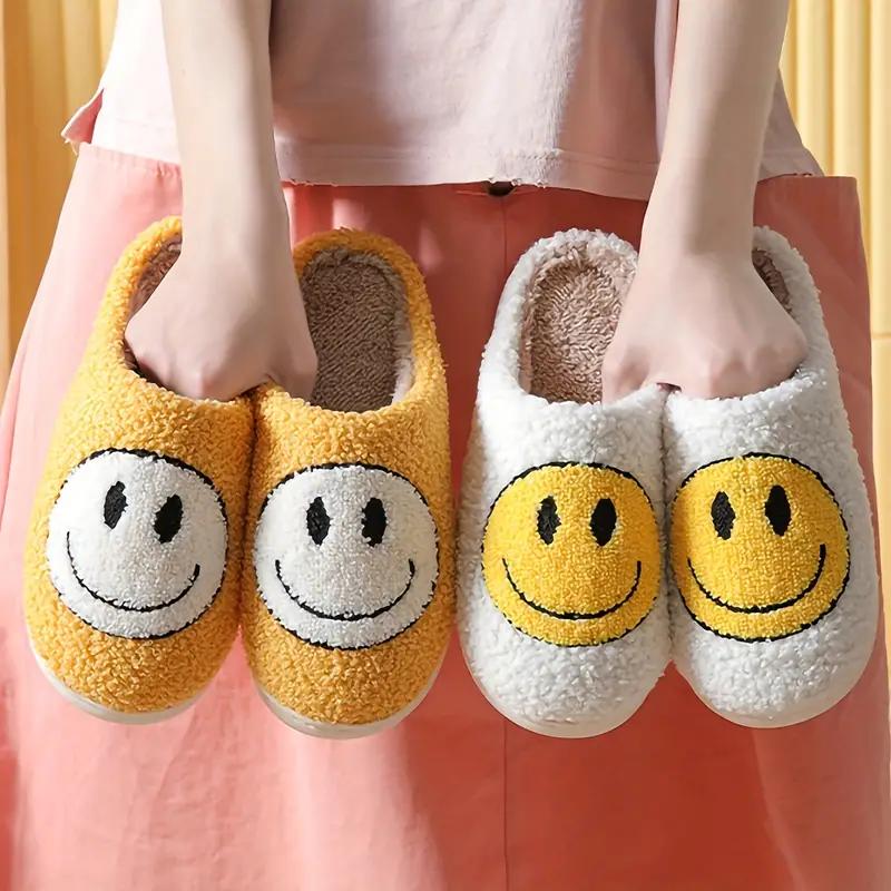 Women's Cartoon Smile Face Pattern Plush Slippers,Casual Soft Comfortable Home Slippers,Warm Slippers for Fall & Winter,Walking Shoes