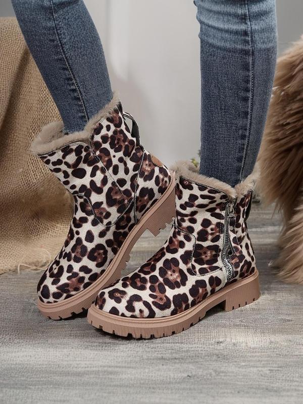  Women's Fashionable Plain Leopard Print Plush Lining Snow Boots, Casual Comfortable Thick Sole Boots for Fall & Winter, Female All-match Round Toe Shoes for Daily Wear