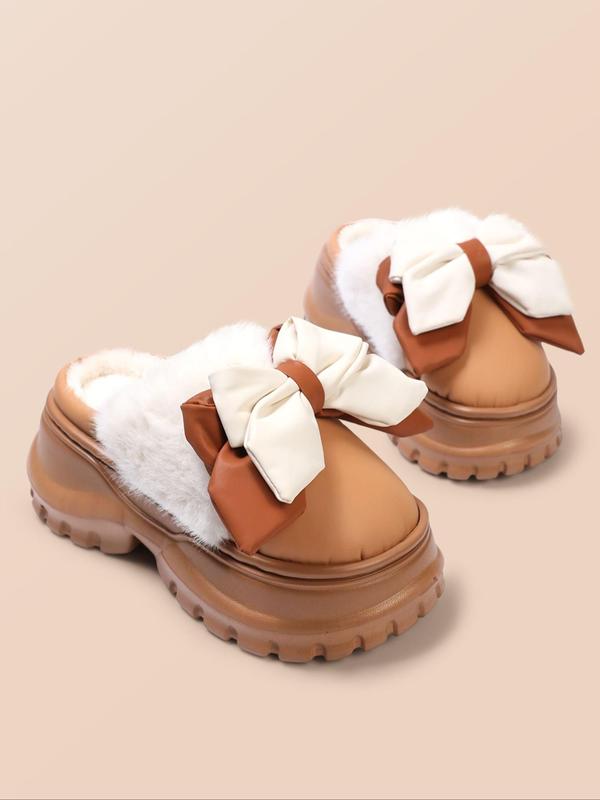 Women's Bowknot Design Plush Slippers, Casual Soft Comfortable Home Slippers, Warm Slippers for Indoor & Outdoor Use for Fall & Winter