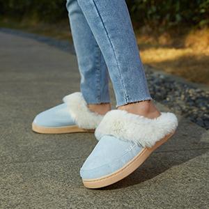 NineCiFun Women's and Men's Suede House Slippers Slip on Fuzzy Slippers with Faux Fur Lining Indoor Outdoor Home Shoes with Rubber Sole