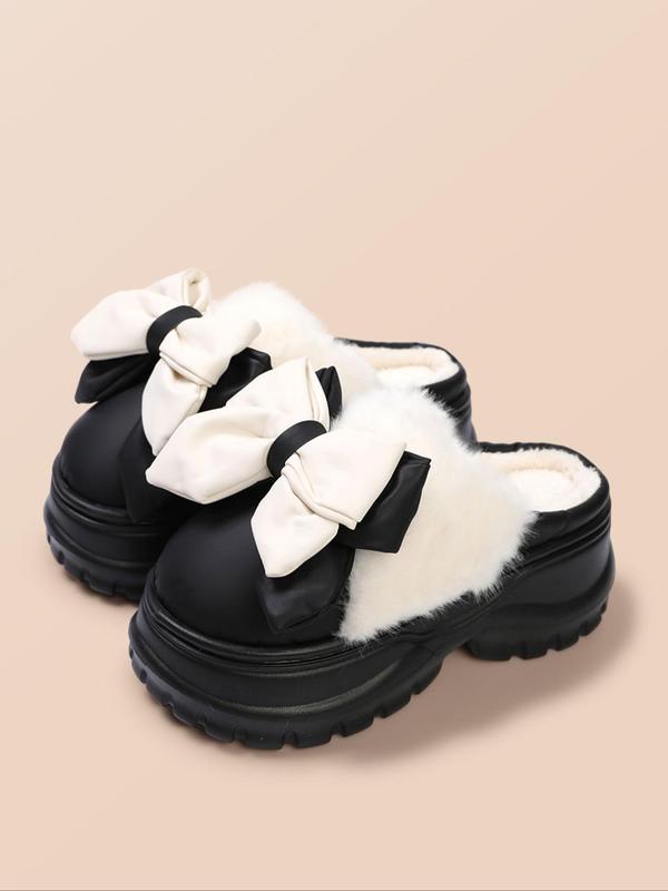 Women's Bowknot Design Plush Slippers, Casual Soft Comfortable Home Slippers, Warm Slippers for Indoor & Outdoor Use for Fall & Winter