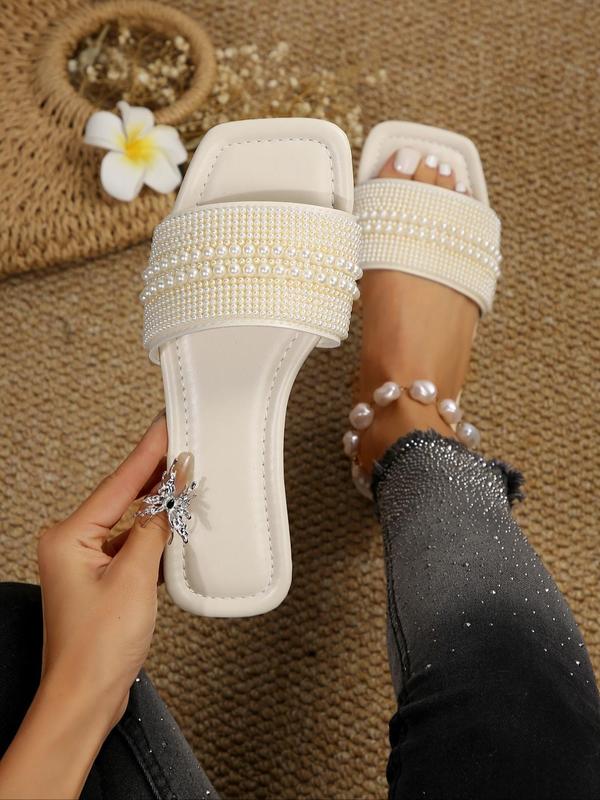 Women's Fashionable Faux Pearl Decorated Slip on Flat Sandals, 1 Pair Casual Versatile Non-slip Sandals for Summer, Lightweight Breathable Comfortable Shoes for Daily Wear, Perfect for Women & Girls