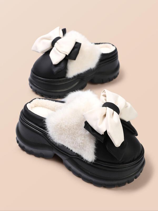 Women's Bowknot Design Plush Slippers, Casual Soft Comfortable Home Slippers, Warm Slippers for Indoor & Outdoor Use for Fall & Winter