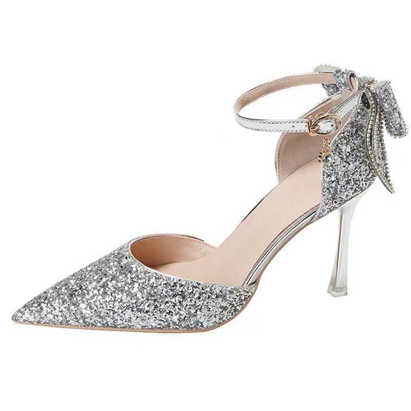 Wedding Shoes Luxury Rhinestone Spring and Autumn New Pointed-Toe Stiletto Bow Pumps Premium Sequins Bridesmaid Shoes