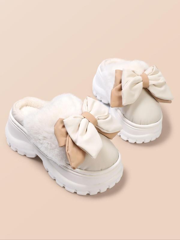 Women's Bowknot Design Plush Slippers, Casual Soft Comfortable Home Slippers, Warm Slippers for Indoor & Outdoor Use for Fall & Winter