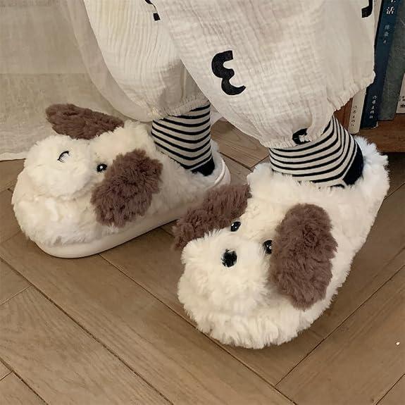 XIXITIAO Cute Fuzzy Dog Slippers for Women Men,Cartoon Animal Cotton Walking Shoes, Fall Winter Cozy Warm Slides Indoor Outdoor,Girl Fur Footwear