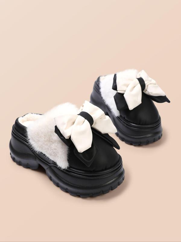 Women's Bowknot Design Plush Slippers, Casual Soft Comfortable Home Slippers, Warm Slippers for Indoor & Outdoor Use for Fall & Winter