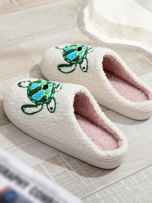 Women's Cute Cartoon Turtle Pattern Plush Slippers, Soft Comfy Fuzzy Home Slippers for Fall & Winter, Fluffy Warm House Shoes for Indoor and Outdoor